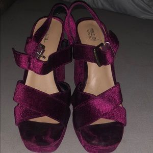 Suede velvet block heel platform sandals/heels.